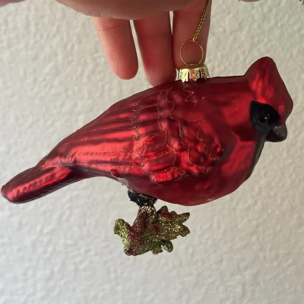 3 Blown Glass Christmas Holiday Ornament Red Cardinal on Branch Perch w/ Glitter